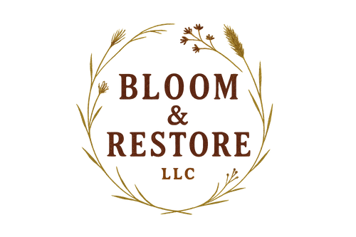 Bloom & Restore Logo with Rustic Lettering